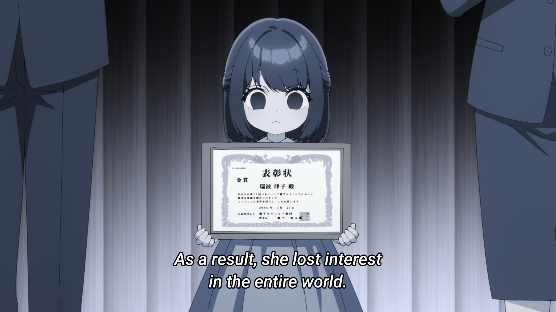 A small child holding up some sort of diploma, looking sad while the subtitles say she lost interest in the world, the whole thing being in black and white.